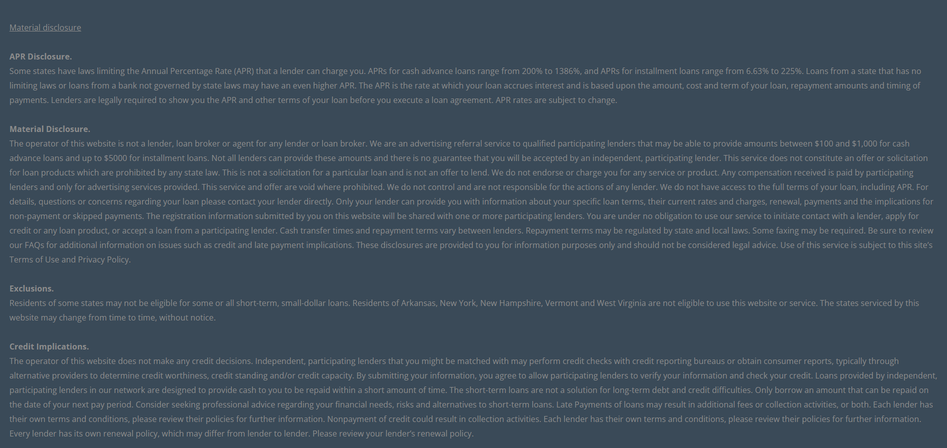 Material disclosure for payday loans in Huntington Beach California